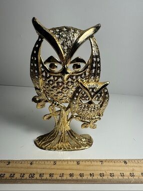 vintage Torino 1970 gold-tone metal earring holder owl mama and baby